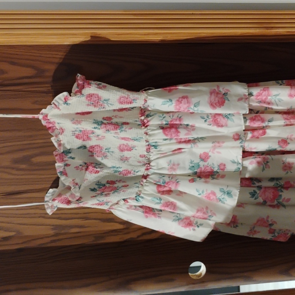 Love Shack Fancy shirred stretch bodice,multi frilled,lined skirt.NWOT